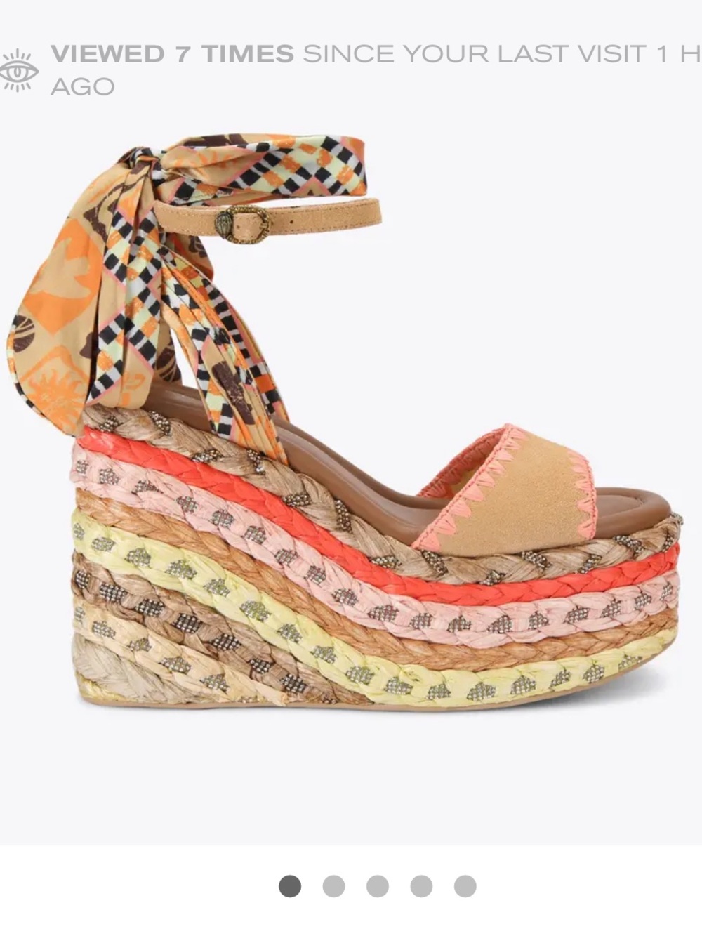 Kurt Geiger Coral and Yellow Multicolor Braided Wedge Sandal with Ankle Scarf